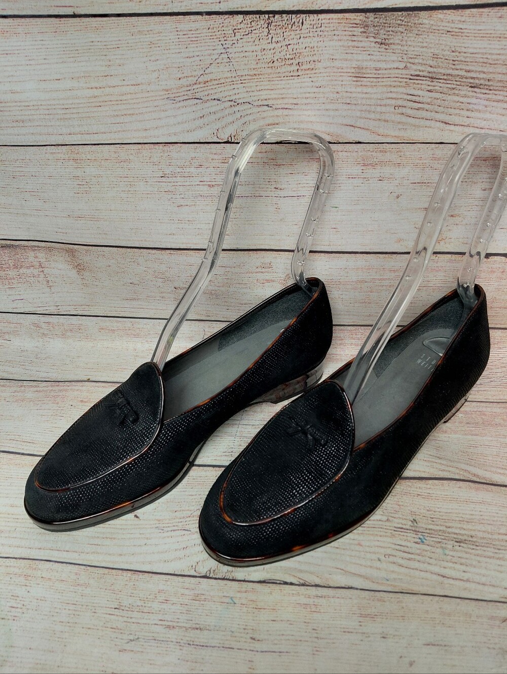 Stuart Weitzman Womens 10M Black Textured Suede Leather w/ Tortoiseshell Loafers